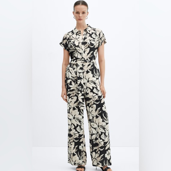Mango Pants - MNG Floral Black and White Jumpsuit XS